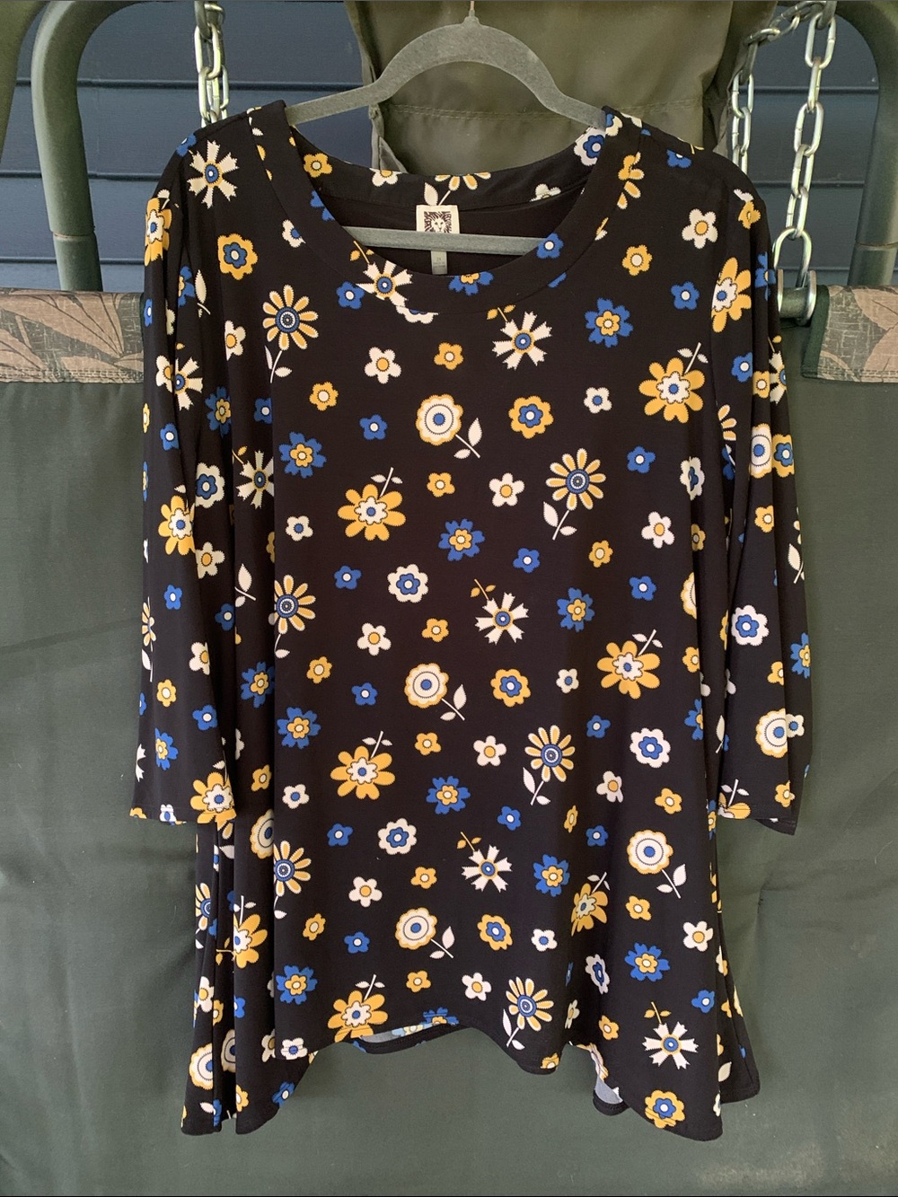 Anne Klein Black Floral Swing Tunic with Blue & Yellow Flowers